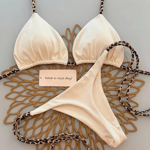 Sexy Bikini Women's Swimsuit Strap Halter Neck Triangle Cup Beachwear Pure Color Cheeky Two Piece Swimsuits Bathing Swimwear