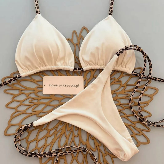 Sexy Bikini Women's Swimsuit Strap Halter Neck Triangle Cup Beachwear Pure Color Cheeky Two Piece Swimsuits Bathing Swimwear