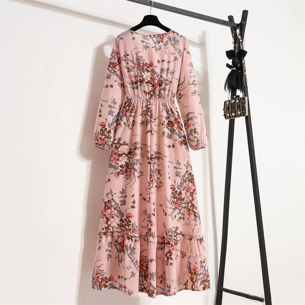 Maxi abiti da donna Sping autunno bohémien Casual manica intera vita alta spiaggia donna abiti in Chiffon abito lungo floreale vestido