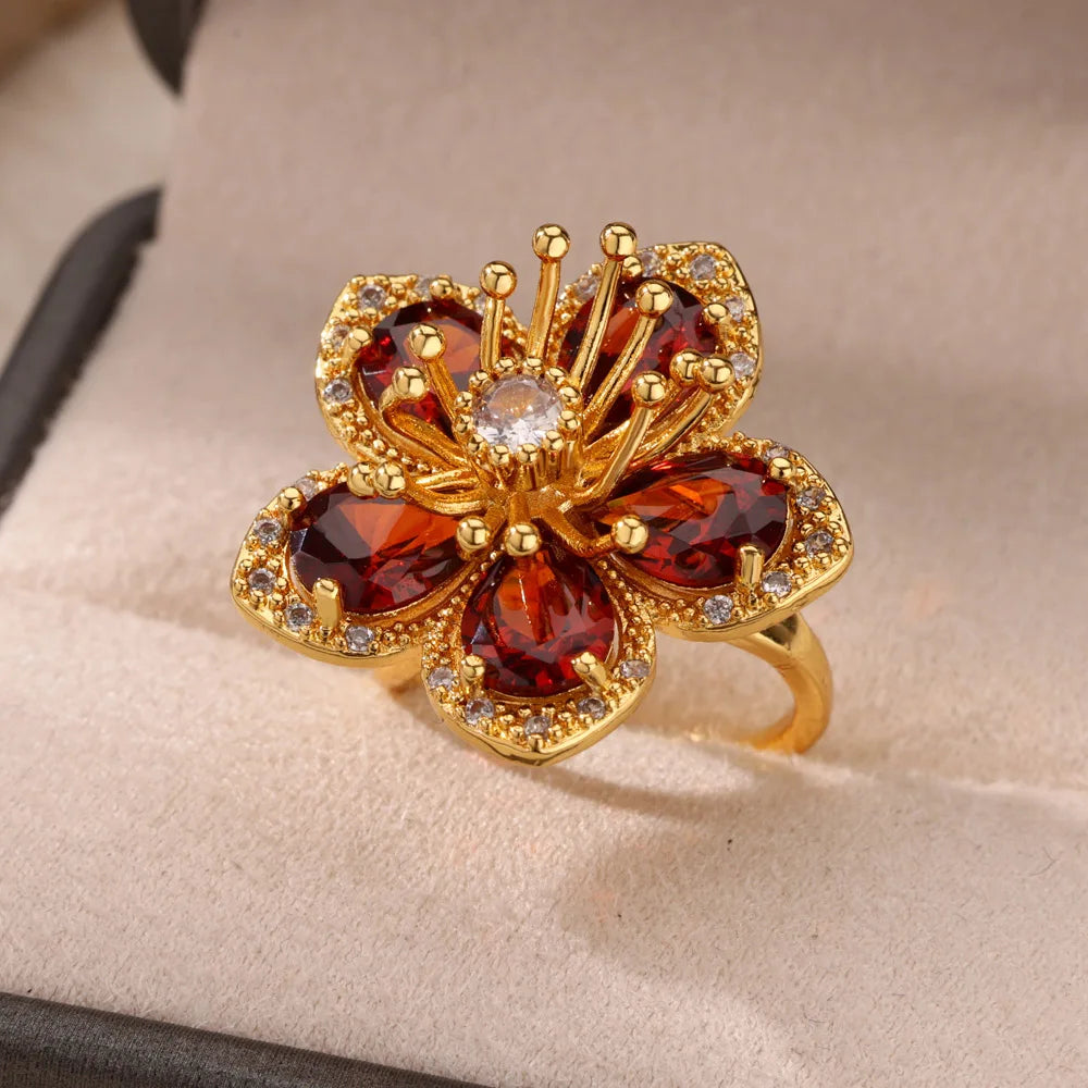 Anelli di fiori colorati con zirconi per le donne Anello floreale in acciaio inossidabile color oro Elegante regalo di gioielli estetici per matrimoni di lusso