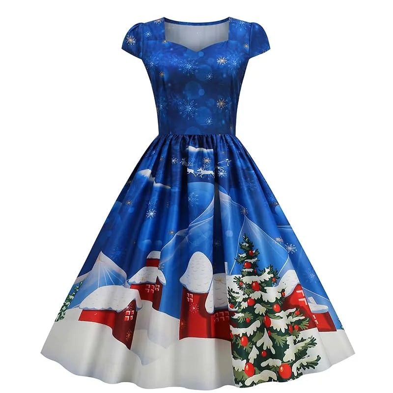 Abiti natalizi per donna Winter Pinup Rockabilly Abito da festa sexy cosplay Abito da ballo da cocktail con stampa di neve di Babbo Natale