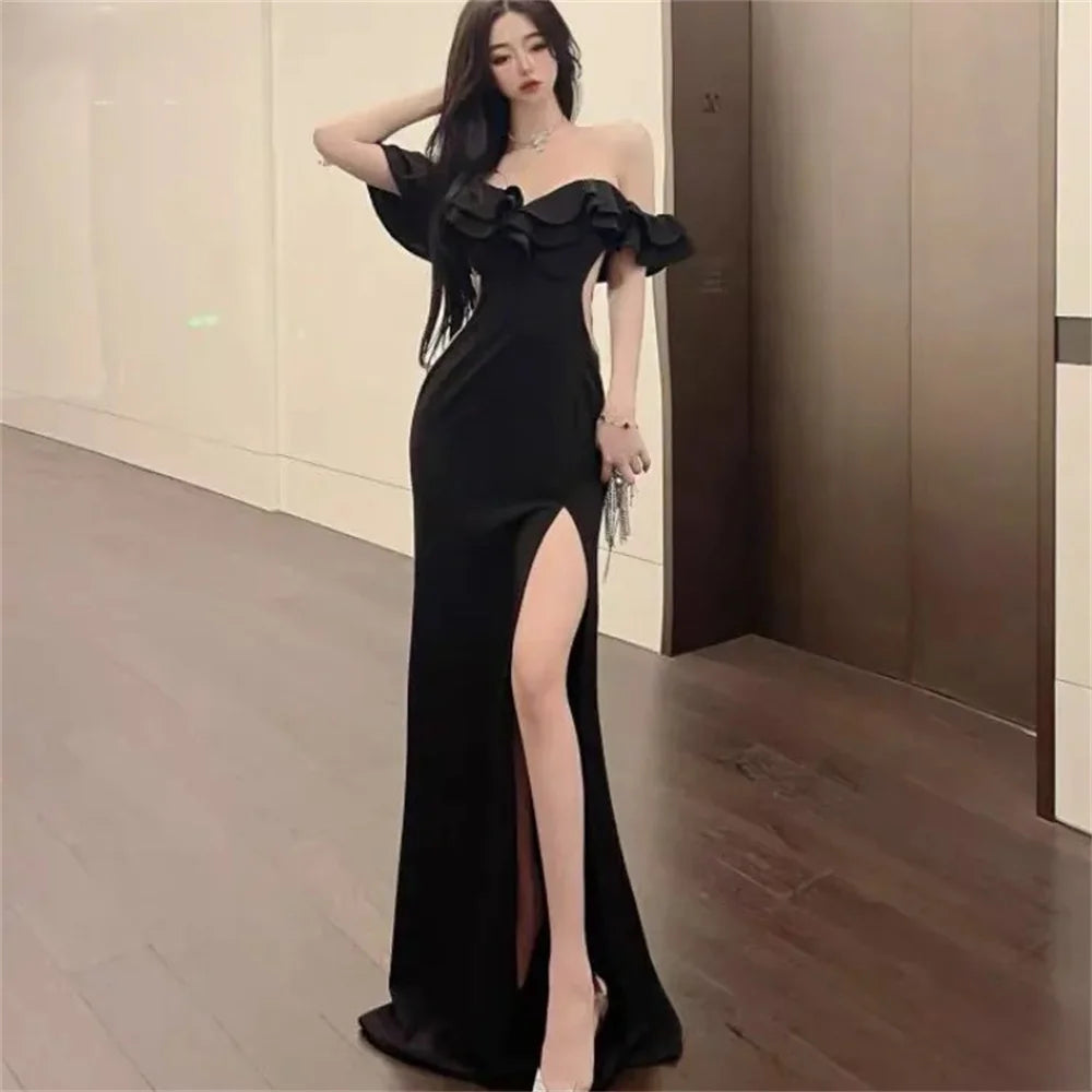 Abito rosso sexy senza schienale a vita alta con volant diviso Abito elegante con spalle scoperte Abiti da sera per feste Abito estivo da donna 2025