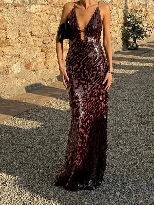 Abito lungo da donna con paillettes Abito lungo con scollo a V Solido Backless Vita alta Abiti senza maniche 2025 Moda Nuova estate Lady Party Robes