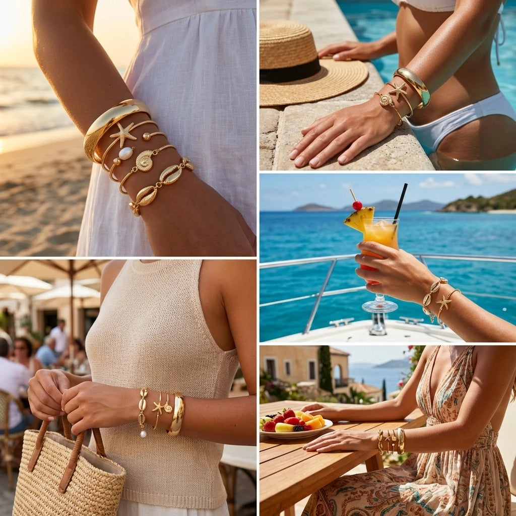 Bracelets Set d'Été Océan Coquillages Étoiles de Mer Perles pour Femmes Alliage de Fer Éclat Ensoleillé Superposable Bijoux de Vacances à la Plage Cadeaux