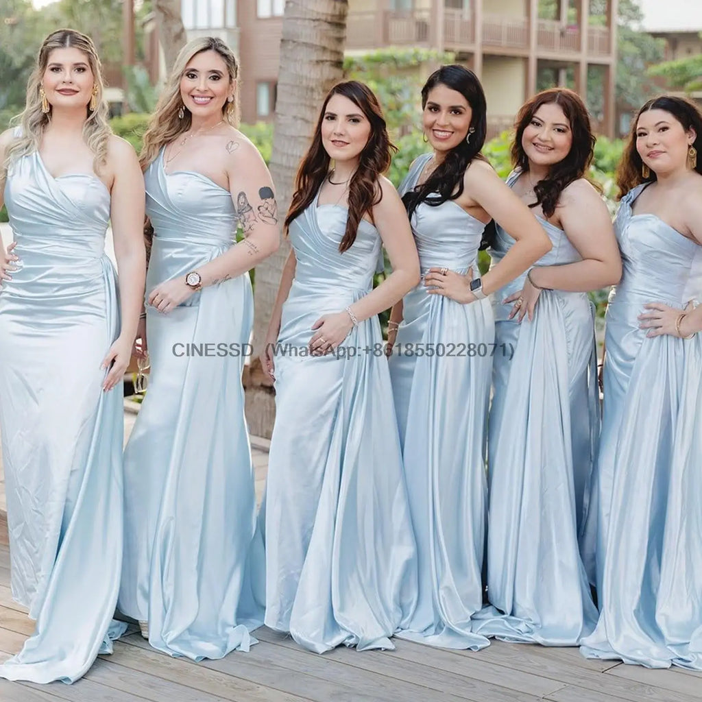 Abiti da damigella d'onore eleganti a sirena monospalla senza maniche in raso abito da cerimonia nuziale abiti para bodas con strascico personalizzato