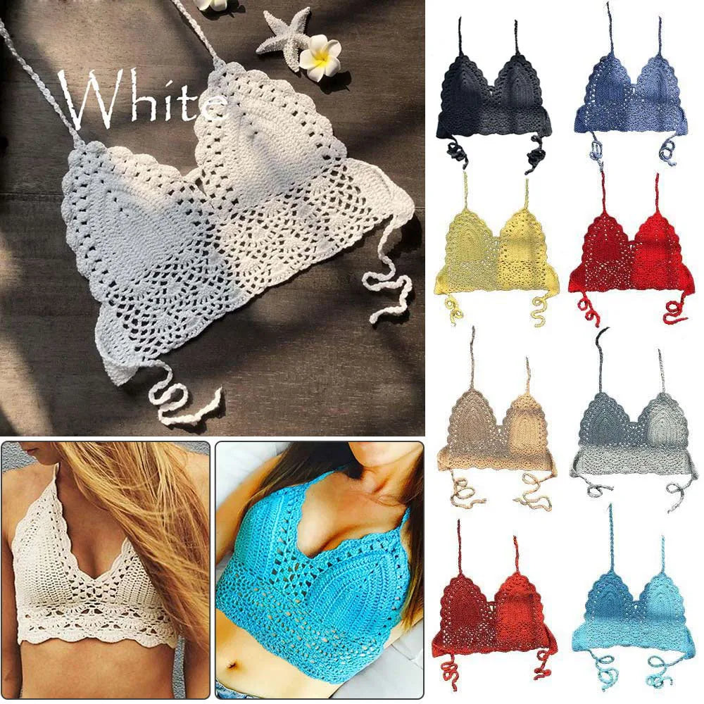 Sexy Women Bikini Crop Top Crochet Boho Beach Bikini Bralette Halter Cami Knitted Bra Tank Top Women's Clothing