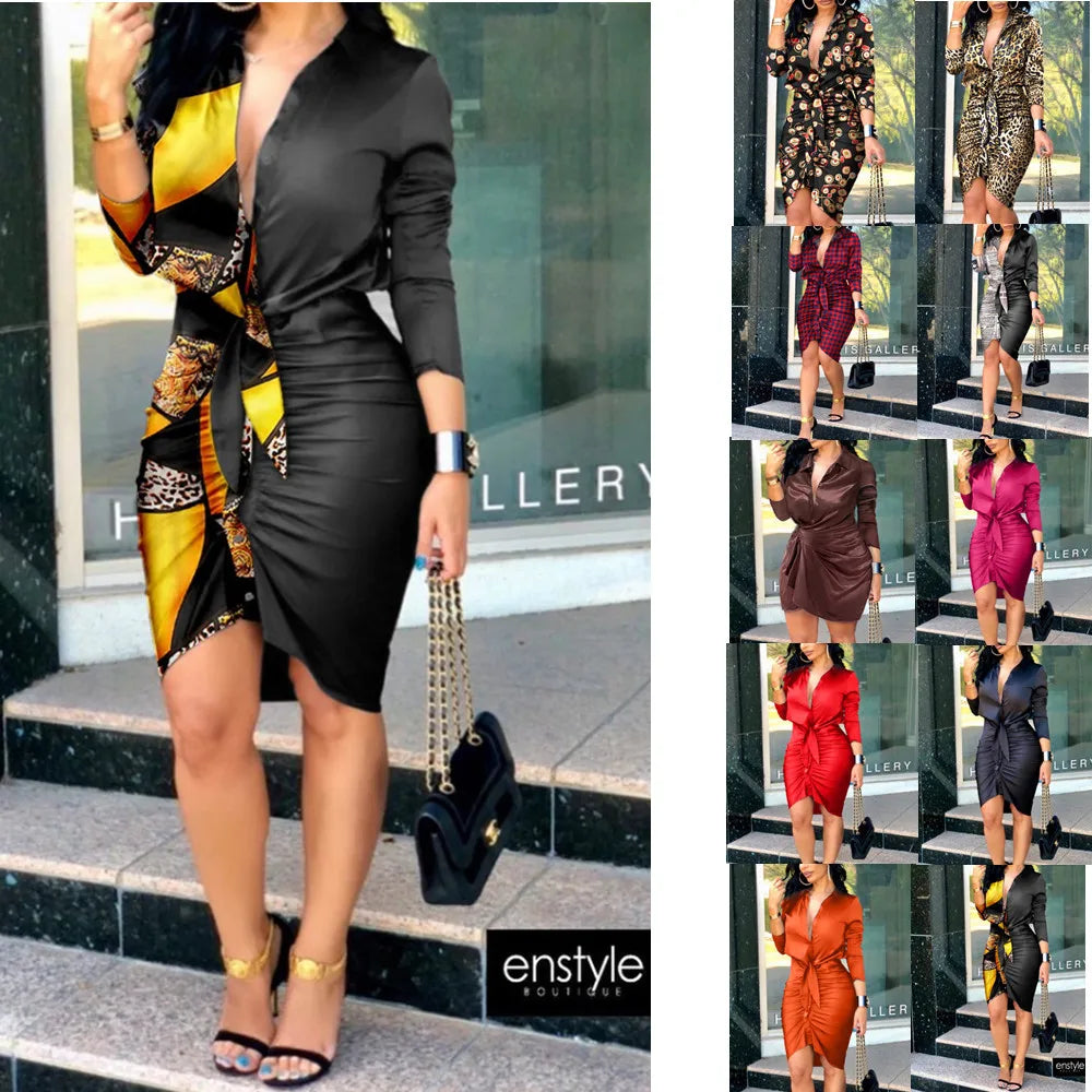 Mini abito da donna da ufficio skinny elegante a maniche lunghe per donna Abito sexy aderente con scollo a V profondo nero