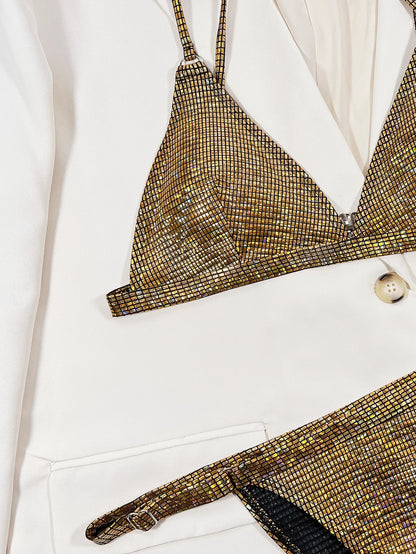 Costume da bagno donna oro glitterato 2026, bikini lucido due pezzi sexy con scollo a V, costume da bagno a vita alta senza schienale XMC185W