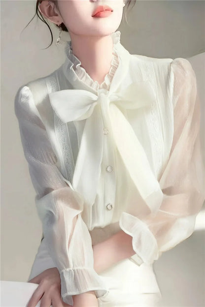 Camicie da donna in Chiffon estate 2023 camicette a maniche lunghe solide Y2k allentate con fiocco coreano nuovo Casual Blusa