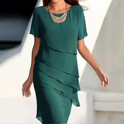 Abito da donna sottile con volant irregolare al ginocchio Abito da festa sottile estivo femminile in chiffon patchwork Abiti a maniche corte JYFS-1096