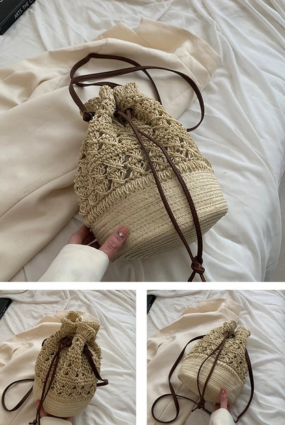 Borsa a tracolla da spiaggia in paglia estiva da donna fatta a mano borsa a tracolla con coulisse cava intrecciata borsa da viaggio con Design femminile di moda lavorata a maglia