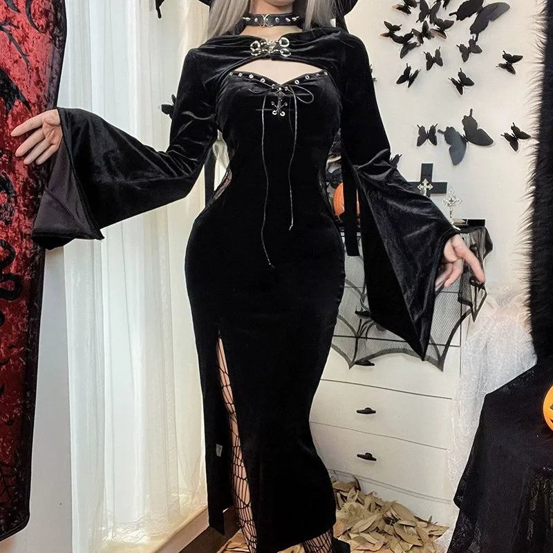 Y2K Goth floreale pizzo maglia manica svasata aderente abiti da festa sexy vintage elegante velluto nero con scollo a V abito lungo partywear