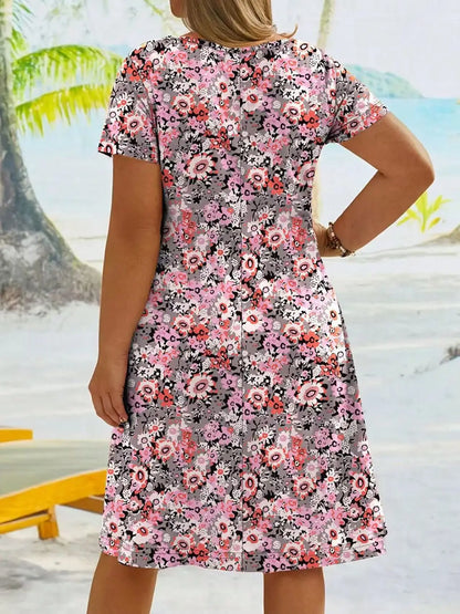 2025plus Size Estate Nuova minigonna a-line con scollo a V manica corta vita alta dimagrante abito con stampa floreale bohémien per le donne