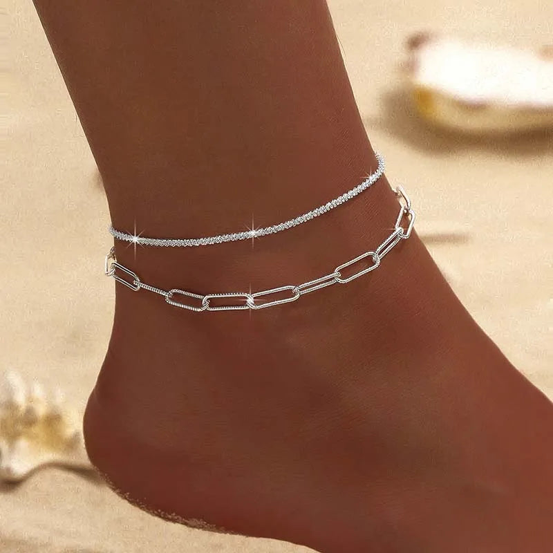 Cavigliera a catena sottile scintillante per donna Bracciale a doppio strato con ciondolo a forma di croce a cuore con zirconi sul piede della gamba Gioielli da spiaggia estivi alla moda