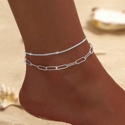 Cavigliera a catena sottile scintillante per donna Bracciale a doppio strato con ciondolo a forma di croce a cuore con zirconi sul piede della gamba Gioielli da spiaggia estivi alla moda