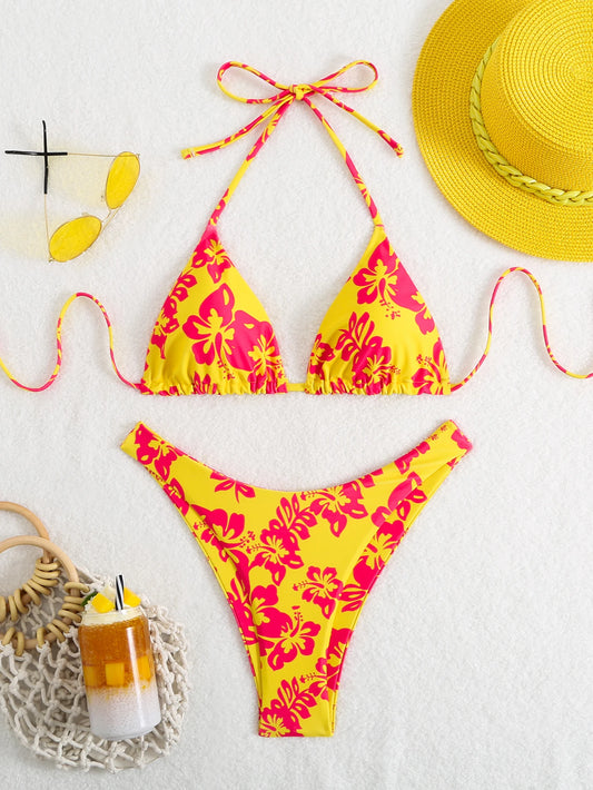 Summer retro floral print 2-piece bikini lace up swimsuit sexy high waisted women's swimsuit