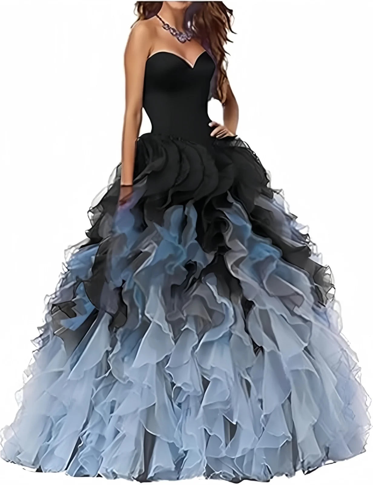 Abito Quinceanera in organza senza spalline con volant Abiti da ballo Abito da ballo lungo gonfio con scollo a cuore Ombre Abito da cocktail da sposa