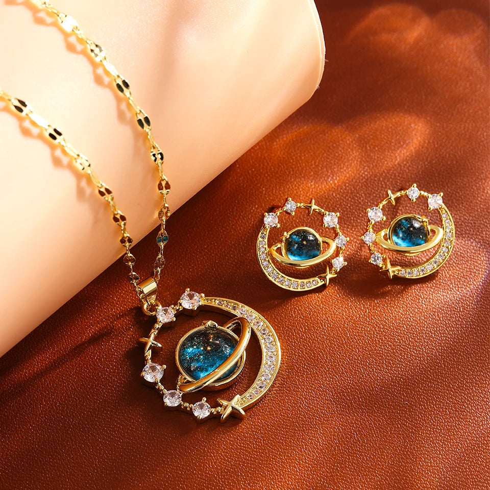 Collana di lusso leggera in acciaio al titanio con serie Star per donna, colore oro, pianeta, luna, astronauta, collane con ciondolo, gioielli, regali