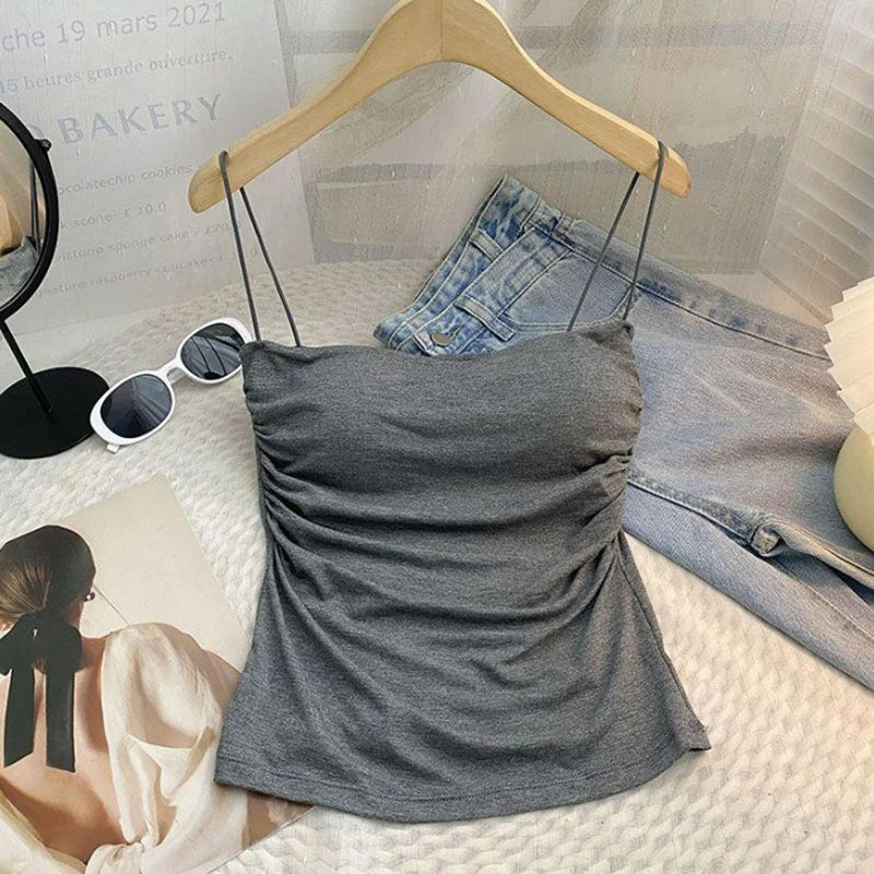 Débardeur d'été sexy pour femme, bretelles spaghetti, sans manches, gilet, caraco, haut de soirée, clubwear, slim, court, noir