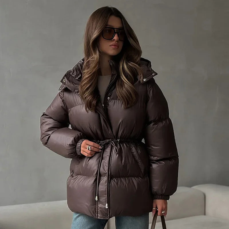 Giacca invernale da donna con cappuccio, calda, con cintura in vita regolabile, maniche lunghe, chiusura con zip, cappotto imbottito da donna, moda 2026, parka spessa da donna