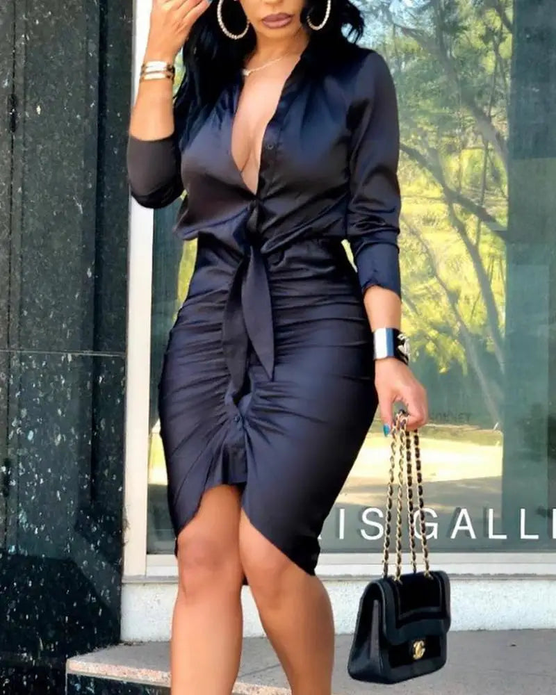 Mini abito da donna da ufficio skinny elegante a maniche lunghe per donna Abito sexy aderente con scollo a V profondo nero