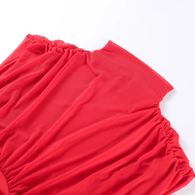 Maglia sexy vedere attraverso lungo abito rosso senza maniche piega patchwork a-line maxi abiti da festa femminile 2025 estate signora abiti slim