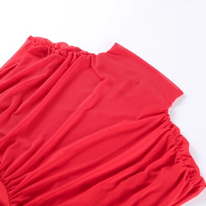 Maglia sexy vedere attraverso lungo abito rosso senza maniche piega patchwork a-line maxi abiti da festa femminile 2025 estate signora abiti slim