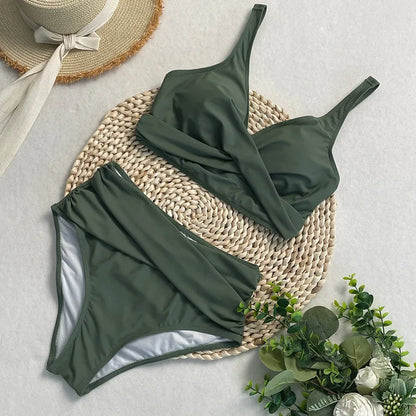 swimsuit ladies Women's High Waist  Bikini Sets Sporty Two Piece Swimsuits Solid Colors High Cut Bathing Suits Women Bikini Sets