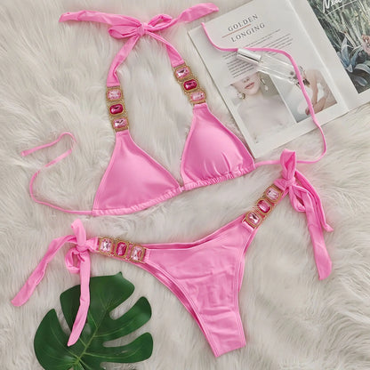 2025 Costume da bagno da donna in 2 pezzi con stringhe di strass e bikini sexy da spiaggia