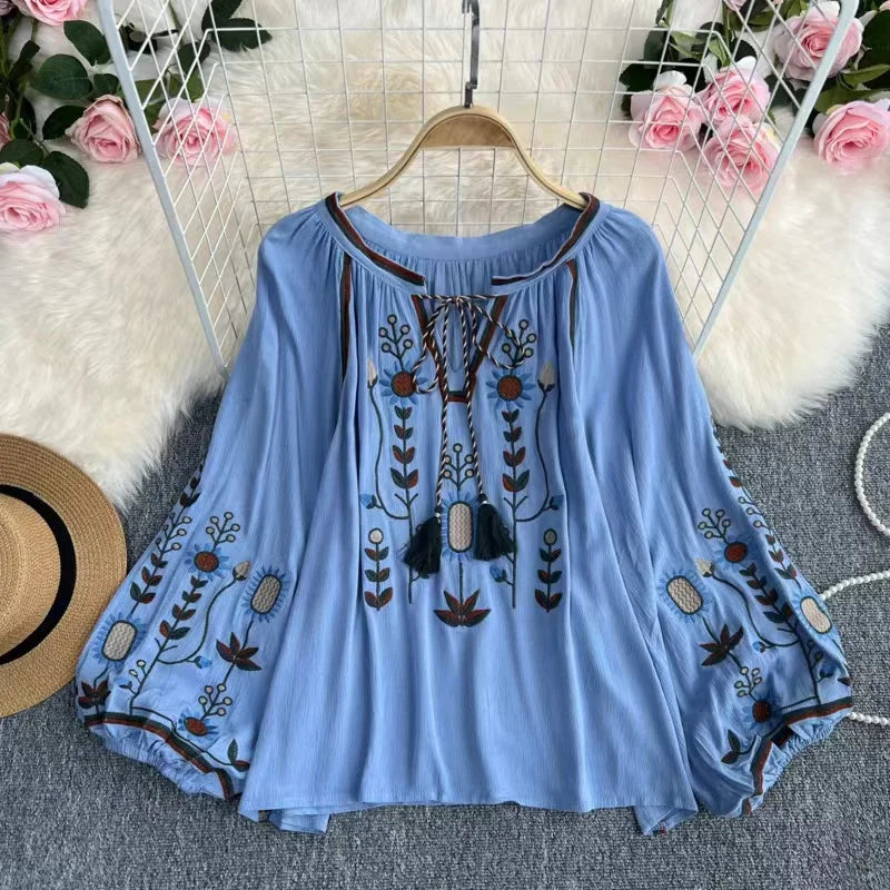 Estate primavera autunno donne Sexy ricamato manica svasata camicetta camicetta donna manica lunga retrò allentato Boho camicetta top femminile