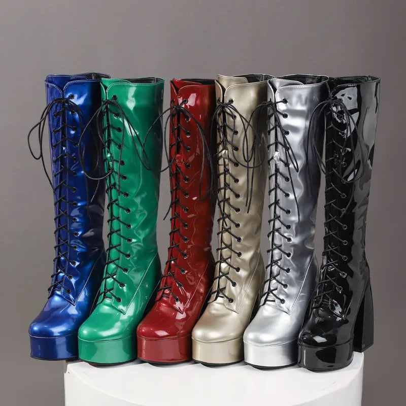 Sexy Lace Up Platform Long Boots Women Thick Gothic Heels High Knee Boot Winter Red Black Green Fetish Party Shoes Large Size 48