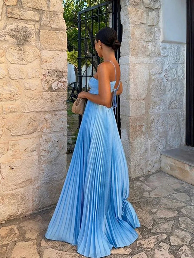 Abito Lungo Estivo da Donna con Scollo all'Americana e Pieghe, Senza Schienale, Senza Maniche, Blu, per Vacanze al Mare, Moda Femminile 2026, Vestito a Trapezio