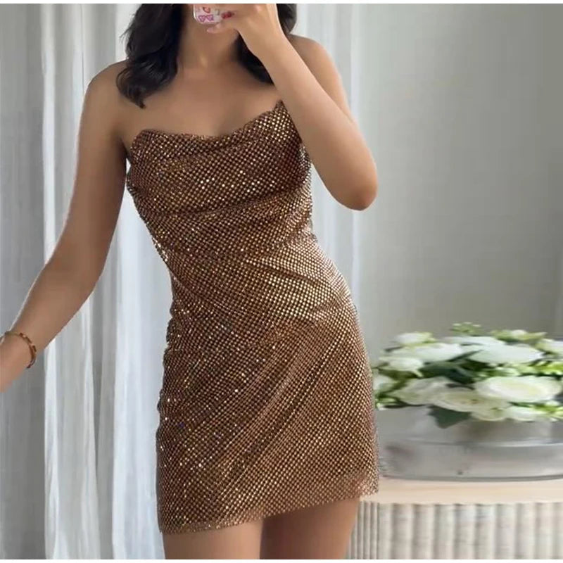 Abito corto senza maniche scintillante da donna con tutti i strass Abiti sexy senza spalline alla moda per donna Estate Nuovo outfit streetwear