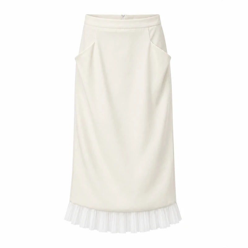 Completo di Top Corto e Gonna Midi in Tulle Bianco, Lussuoso, con Scollo a V, Maniche Lunghe a Sbuffo, Vestibilità Slim, Collezione Primavera 2026, per Appuntamenti e Ufficio