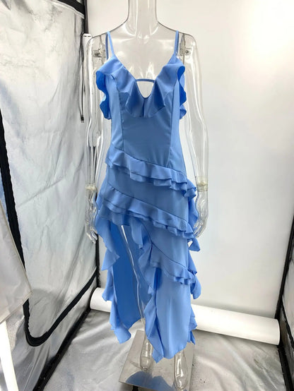 Summer Hot  Sexy Camisole Fashion Asymmetric Irregular Solid Color V-neck Dress Formal Tie Holiday Beach Dress