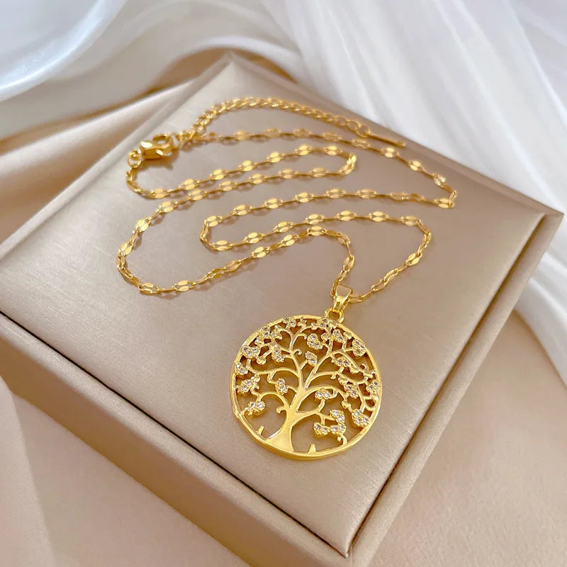 Temperamental Luxury Rhinestone Tree of Life collana con ciondolo donna Vintage in acciaio inossidabile con catena impermeabile gioielli estetici