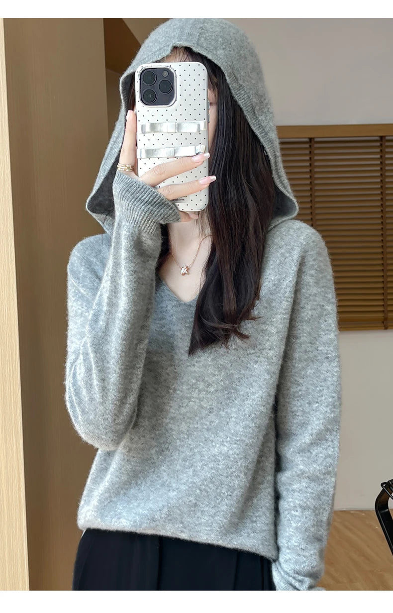 Abbigliamento donna autunno inverno colletto con cappuccio pullover maglione di lana merino 100% nuova moda top in cashmere che tocca il fondo maglieria morbida