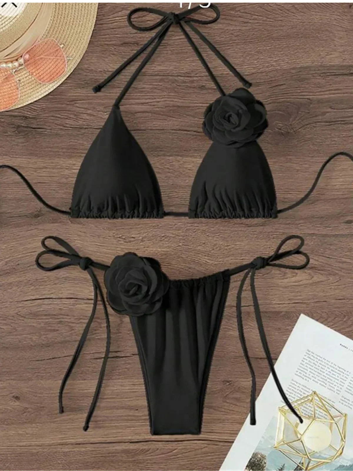 S - XL Sexy 3D Blumen Neckholder Träger Bikini Damen Bademode Weiblicher Badeanzug Zweiteiliges Bikini-Set Badeanzug