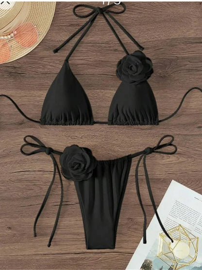 S - XL Sexy 3D Flowers Halter Strappy Bikini Women Swimwear Female Swimsuit Two-pieces Bikini set Bather Bathing Suit Swim