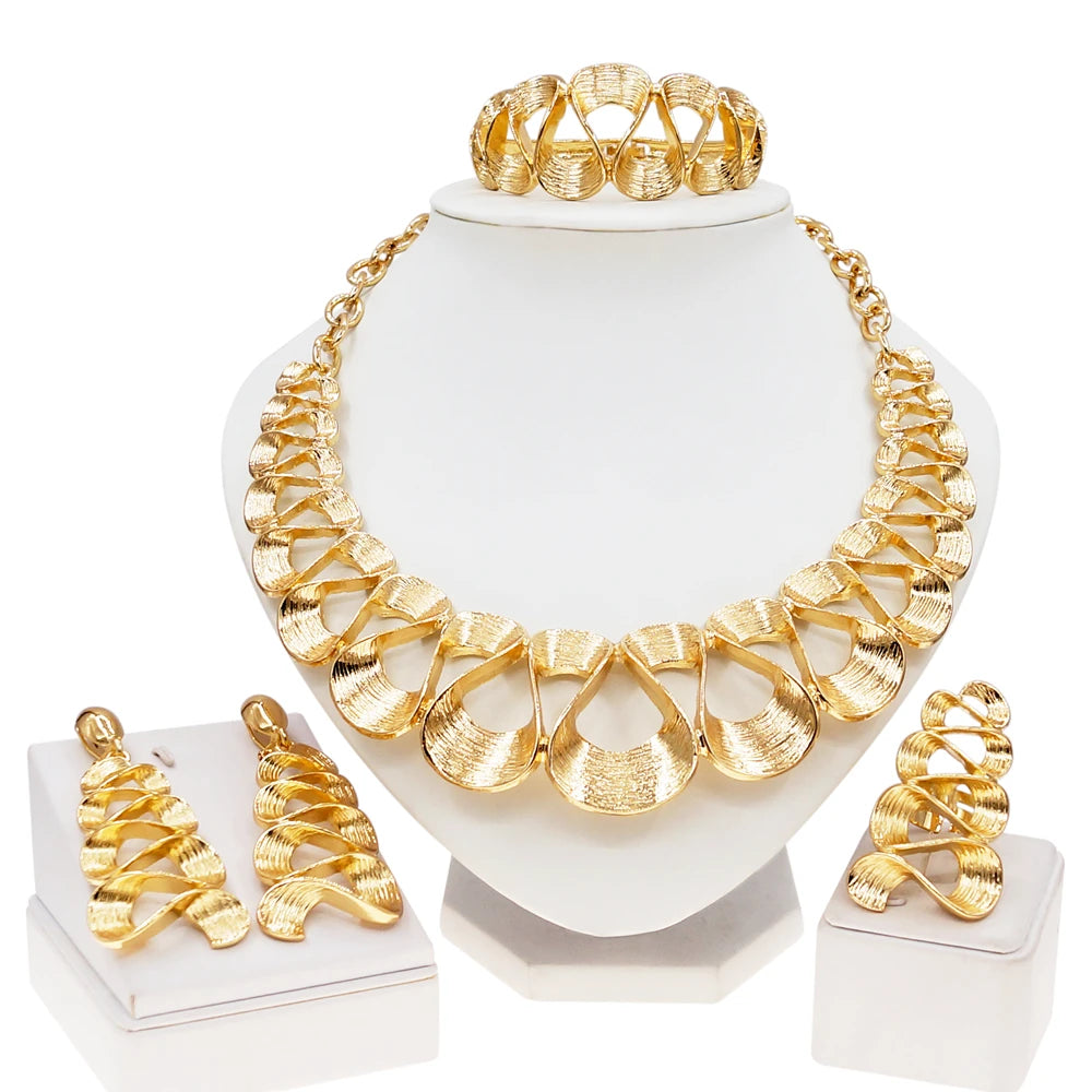 Ensemble de bijoux pour femmes plaqué or motif ondulé mode délicat pendentif collier boucles d'oreilles mariage vacances bijoux cadeaux pour femmes