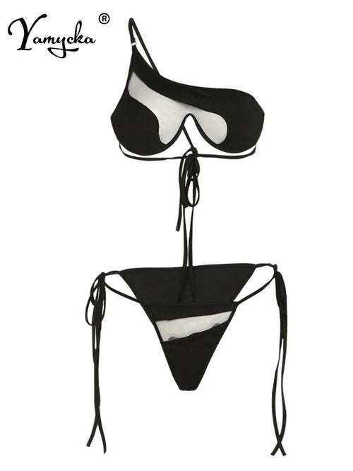 Maillot de bain sexy en résille transparente, bikini ficelle, pour femmes, vêtement de plage d'été, micro bikini push-up, ensemble maillot de bain, body