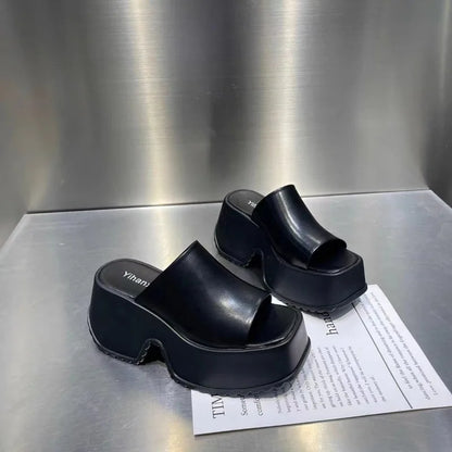 Pantoufles d'été pour femmes, sandales à plateforme tendance, pantoufles décontractées en cuir de luxe, pantoufles à talons hauts pour femmes, sandales à bout ouvert