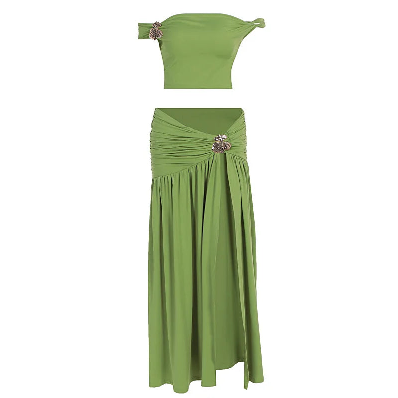 Ensemble Jupe d'été Femme Fleur en Métal Sexy Haut Court Épaules Dénudées Jupe Longue Fendue Ensembles de Jupes Mode sans Dos Plissés 2 Pièces