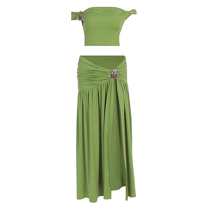 Ensemble Jupe d'été Femme Fleur en Métal Sexy Haut Court Épaules Dénudées Jupe Longue Fendue Ensembles de Jupes Mode sans Dos Plissés 2 Pièces