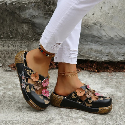 Damen-Sommersandalen mit Blumen im Ethno-Stil, Retro-Plateau-Hausschuhe, handgefertigt, bequem zum Gehen