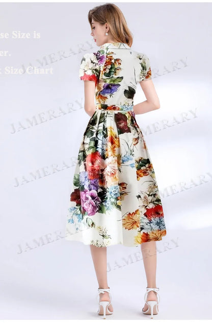 Camicia lunga da donna con stampa floreale estiva da passerella Abiti lunghi a pieghe a maniche corte da donna Abiti da sera eleganti da donna