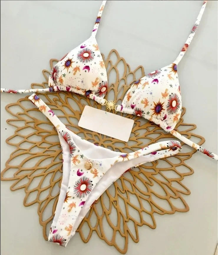 Summer Print Sexy Bikini Sets Halter Lace-up Tops Thongs Beach Style Bathing Suit Y2k Swimsuits Women Beachwear Fashion New