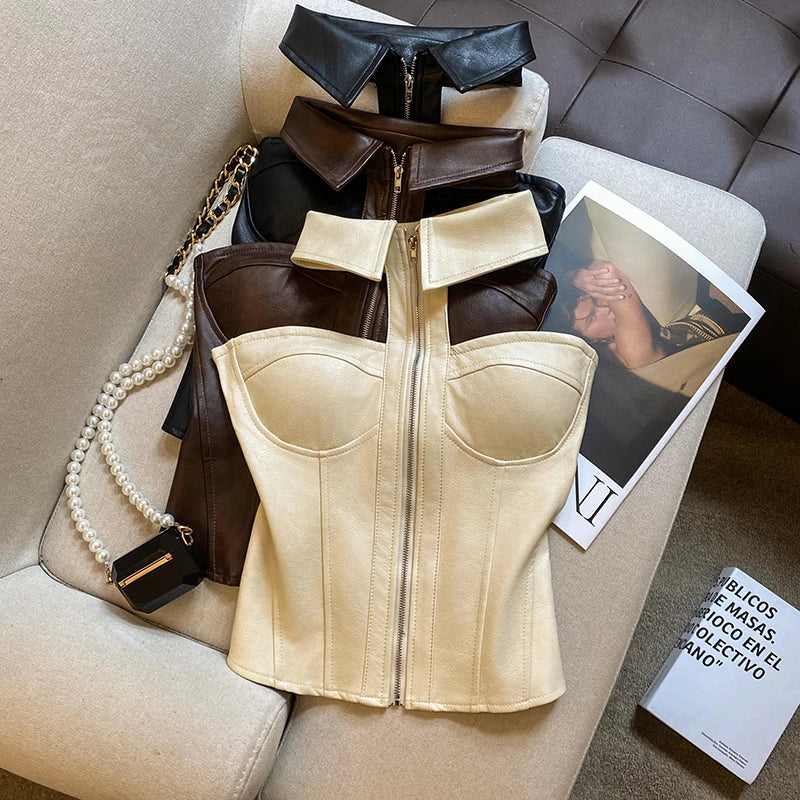 Y2K Streetwear Crop Tank Donna Halter Slim Fit Cerniera senza maniche Canotta sexy French Hottie Harajuku Vintage senza spalline Top Nuovo