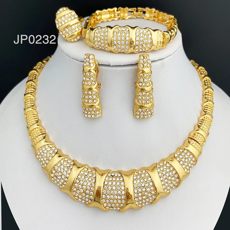 Dubai Schmuckset für Damen, 18K vergoldet, luxuriöse Halskette, Ohrringe, Armband und Ring, Schmuckset für Hochzeitsfeiern, trendig