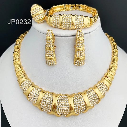 Ensemble de bijoux de Dubaï pour femme, collier, boucles d'oreilles, bracelet et bague de luxe plaqués or 18 carats, bijoux tendance pour mariage et fête